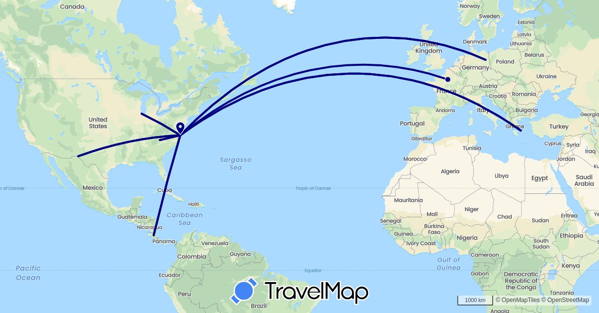 TravelMap itinerary: driving in Costa Rica, Germany, France, Greece, United States (Europe, North America)